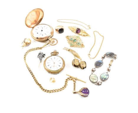 An assorted collection of pocket watches and costume jewellery. The lot to include a gold plated H.W.Co pocket watch with T b