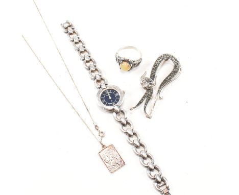 An assorted collection of silver jewellery. The lot to include a synthetic opal cabochon and diamond halo ring, Accurist wris