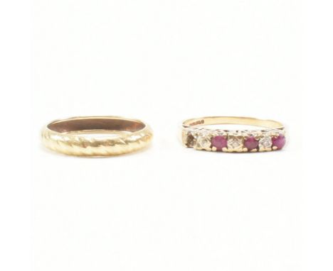 A hallmarked 9ct gold ruby and diamond 'Love you forever' ring together with a 9ct gold band ring. The ruby and diamond ring 