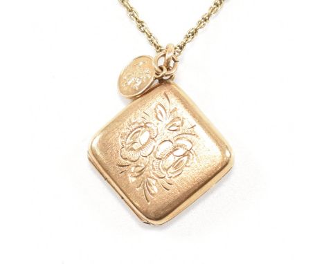 A vintage hallmarked 9ct yellow gold locket pendant on necklace chain. Pendant of rounded square form having a floral etched 