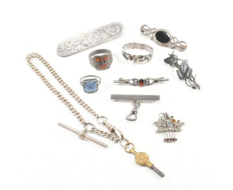 An assorted collection of antique and later silver and white metal jewellery. The lot to include pocket watch Albert style cu