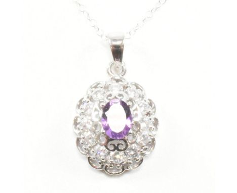 A 925 silver amethyst and CZ pendant necklace. Weight 5g. Pendant measures 2.5cm.&nbsp;All weights, measurements and sizes ar