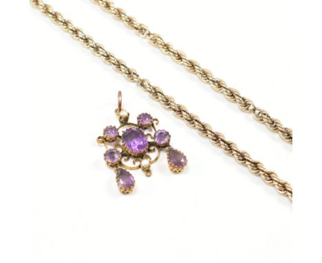 A hallmarked 9ct yellow gold necklace chain with amethyst and pearl pendant. The rope twist chain united by spring ring clasp