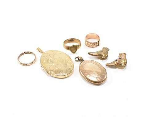 An assorted collection of gold plated jewellery. The lot to include a rolled gold etched oval locket necklace pendant, a gold