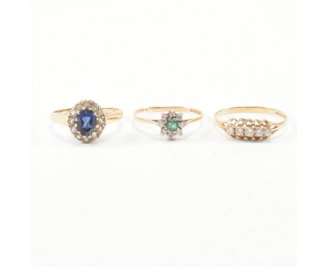 A collection of three hallmarked 9ct gold gem set rings. The rings including a synthetic sapphire and spinel cluster ring. An