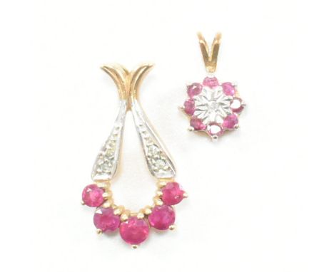 Two hallmarked 9ct bicoloured gold, ruby and diamond necklace pendants. The first having a central illusion set diamond surro