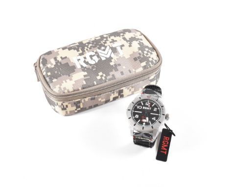 An RGMT stainless steel wristwatch. The watch having a circular black dial with mixed radium filled Arabic and baton indices,