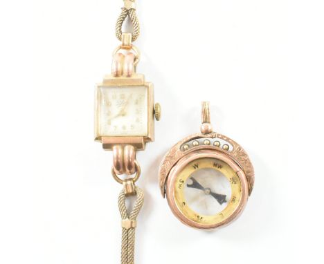 A hallmarked 9ct gold compass fob pendant together with a vintage gold watch. The fob pendant set with a compass bearing part