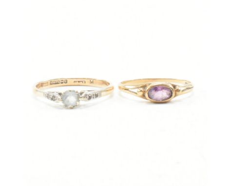 Two hallmarked 9ct gold and gem set rings. The rings to include a hallmarked 9ct gold and amethyst ring, size K. An aquamarin