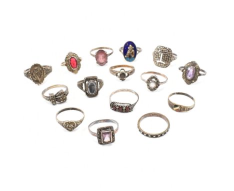A collection of vintage silver and white metal rings. The ring including gem set, marcasite, amethyst. Weight 44g. Sizes appr
