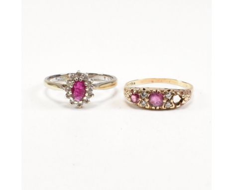 Two hallmarked 9ct gold rings. The rings to include a synthetic ruby and CZ cluster ring, size S. A 9ct gold gypsy ring set w