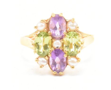 A silver vermeil amethyst peridot and pearl cluster ring. Weight 2.4g. Size M.5.&nbsp;All weights, measurements and sizes are