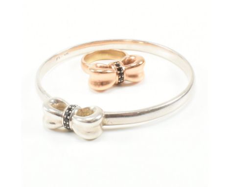 Norwegian 925 Silver Bow Bangle and vermeil ring&nbsp;by Alvilde David-Andersen. The bangle and ring both having a bow inlaid