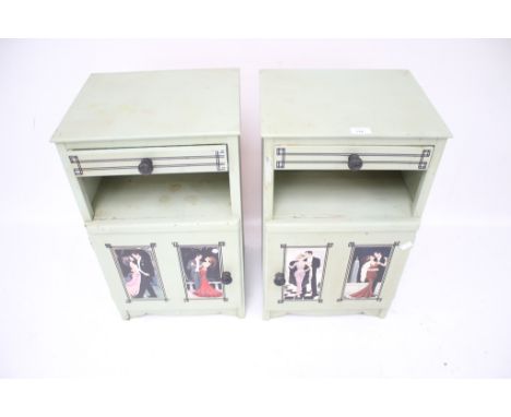 A pair of vintage wooden bedside cabinets. With a single drawer to the top, over a shelf and a cupboard, painted green, the d