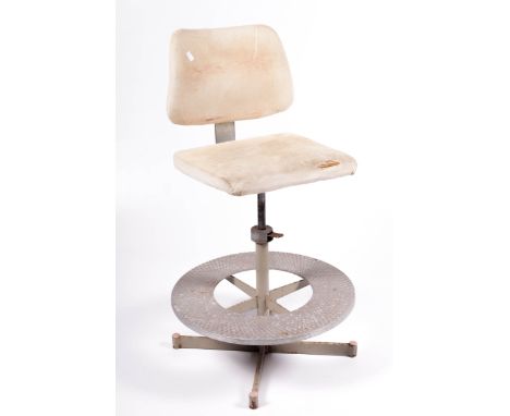 Vintage Industrial: A painted aluminium swivel chair. Upholstered in cream fabric, with a four-spoke base, H95cm 