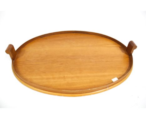 Vintage Retro : A mid-century Scandinavian birch wood oval tray with shaped handles. H3cm x W60.5cm x D45cm