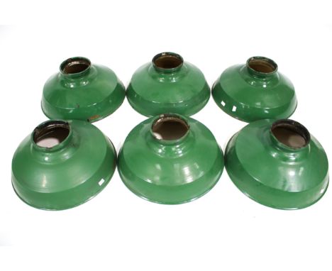 Vintage Industrial lighting : a group of six vintage Mazdalux green enamel industrial light shades. Diameter 46cm