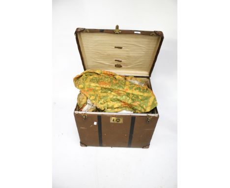A pair of lined curtains. Gold and green, floral pomegranate pattern, W240cm x L295cm, comes in a trunk