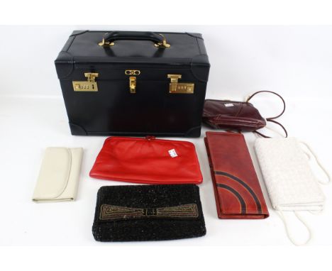 Six vintage handbags and a vanity case. The handbags of assorted designs, two with beaded details and one of Italian leather,