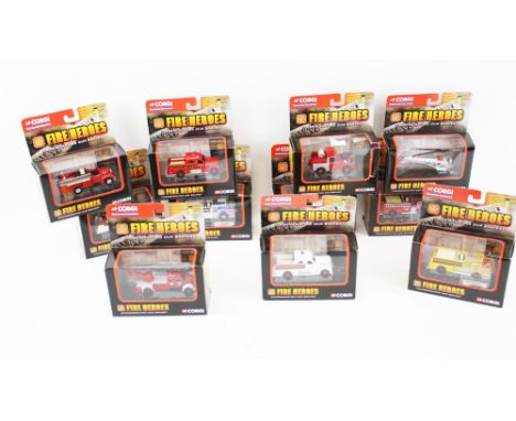 Eleven Corgi 'Fire Heroes' diecast models. From 'Showcase Collection', including 'Land Rover City of Bath' CS90065, 'Bell 47 