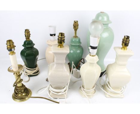 Eight contemporary table lamp bases. Of various designs, including ceramic examples glazed in cream, pink and green and a gil