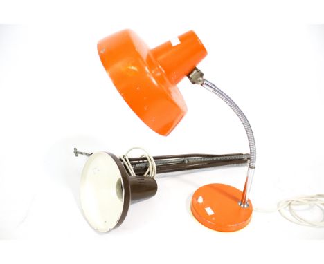 Two mid-century adjustable desk lights. Including a Szarvasi Hungarian orange enamel gooseneck desk lamp and a Ledu, Sweden b