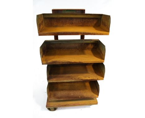 Vintage industrial mobile tool storage rack. By 'Rack Engineering Ltd', consisting of four adjustable metal shelves on a whee