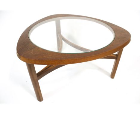 Vintage Retro : A G-Plan late Astro coffee table. With three teak turned legs, bowed stretchers and glass circular top to the