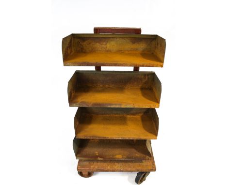 Vintage industrial mobile tool storage rack. By 'Rack Engineering Ltd', consisting of four adjustable metal shelves on a whee