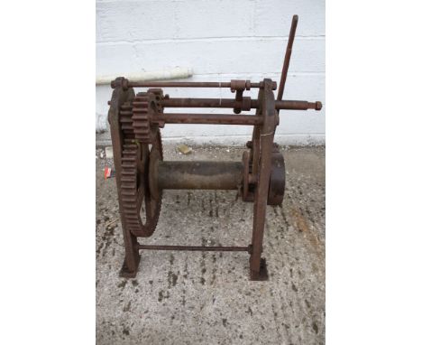 A vintage cast iron winch from Oak Hill Brewery. L80cm x D58cm x H78cm