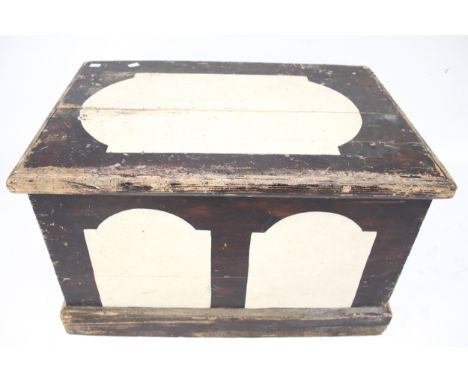 A vintage wooden trunk blanket chest. Painted black and white, raised on a plinth base, H48cm x W78cm x D52cm