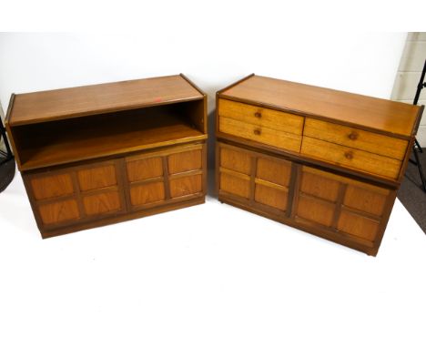 Vintage Retro / mid-century : Nathan Furniture two teak cupboards. Both with two paneled doors, one with an open shelf and th