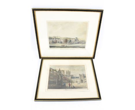 Two vintage coloured illustrations of Wells, Somerset. One depicting 'The Market-Place, Wells', the other 'The City of Wells,