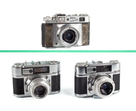 Three vintage German Braun film cameras. Comprising two Paxette and a Colorette