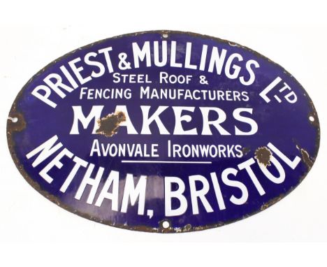 A vintage enamel advertising sign. Of oval form, marked 'Priest &amp; Mullings Ltd, Netham, Bristol' on a blue ground, L46cm