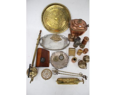 A collection of assorted metalware items. Including a Victorian crested plated salver, a miners safety lamp and a 'Vitaphare'