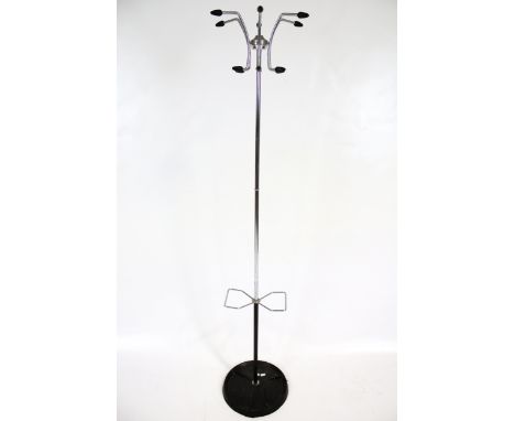 Vintage Retro :  A chromed coat stand. With six hat and coat hooks, umbrella /stick stands and black cast iron circular base,