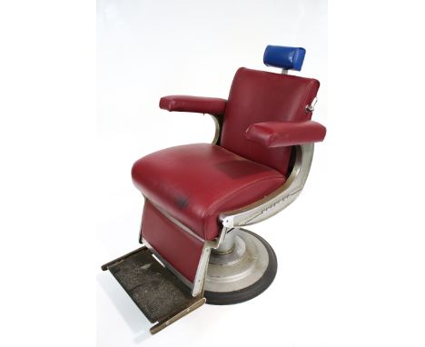 Mid Century /Vintage Retro : 'Belmont' hydraulic barber's chair. Adjustable back rest with red vinyl arms and seat on a circu