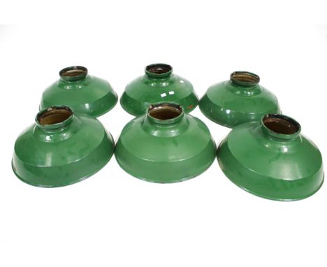 A group of six vintage Mazdalux green enamel industrial light shades. Diameter 46cm