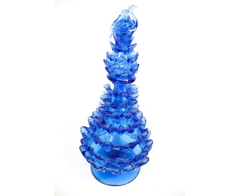 A large vintage hand blown blue glass vase with stopper. With pinched glass decoration, on a circular foot, H47cm (a little d