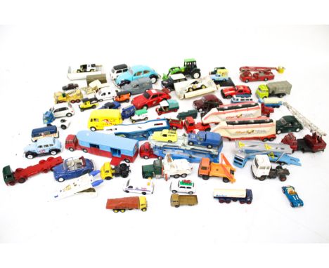 An assortment of playworn diecast. Including cars, commercial and industrial vehicles by Corgi, Britains, Lledo, etc.