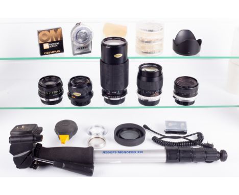 A collection of camera accessories. To include a Hoya 28mm f2.8 lens and a Hoya 135mm f2.8 lens both to fit Olympus in makers