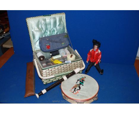 A quantity of miscellanea including sewing basket and contents, tambourine, Yamaha Recorder, Michael Jackson doll, etc.