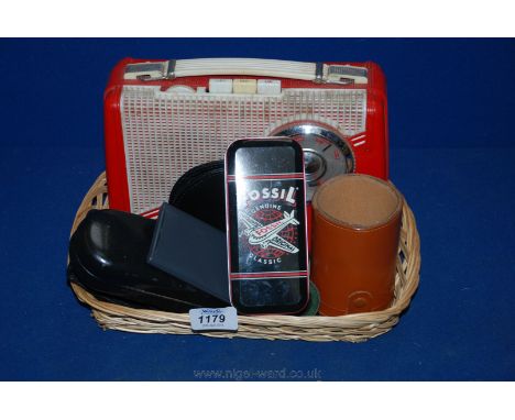 A quantity of miscellanea including KB Transistor Super 8 Radio, Fossil Watch in original tin, travel clock, cased pair of su