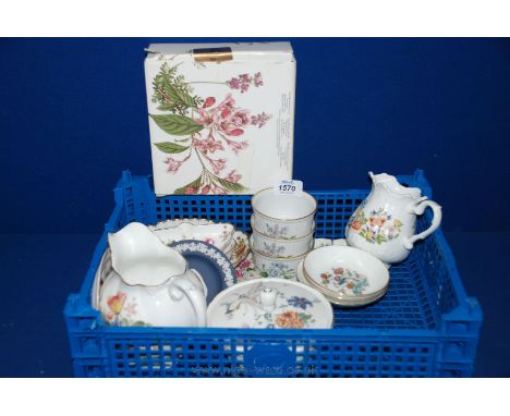 A quantity of china including Aynsley 'cottage garden' Jug, 'Spode Stafford Flowers' ramekins, Crown Derby pin dishes, Wedgwo