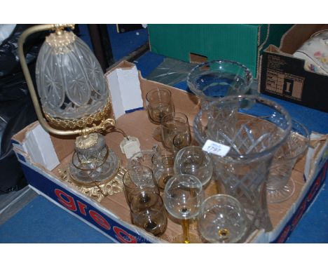 A quantity of glassware including four hock glasses, cut glass Vase, cut glass Jug, two Decanters, and nine smoked glasses, g