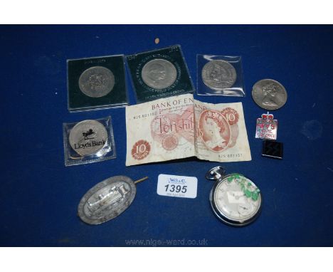 Miscellaneous commemorative Crowns, Smiths Pocket Watch,Ten Shilling a/f and enamel Badges 