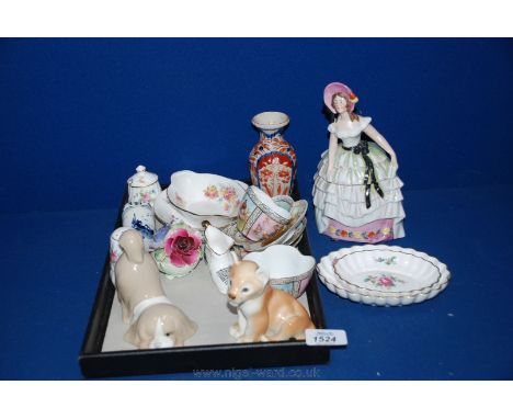 A quantity of china including crinoline Lady pot, Spode 'Billingsley Rose' spray pin Dishes, USSR Lion Cub, etc.