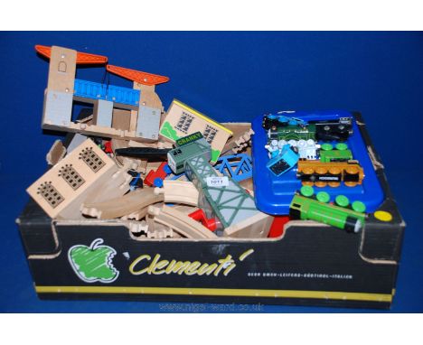 A large quantity of Brio style wooden Railway including tracks, trains and various Thomas the Tank engine character including