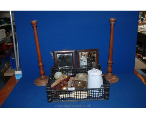 A quantity of miscellanea including two small wooden framed Mirrors, enamel carry Can, Keg Tops, Ashtrays, small bust of Elvi